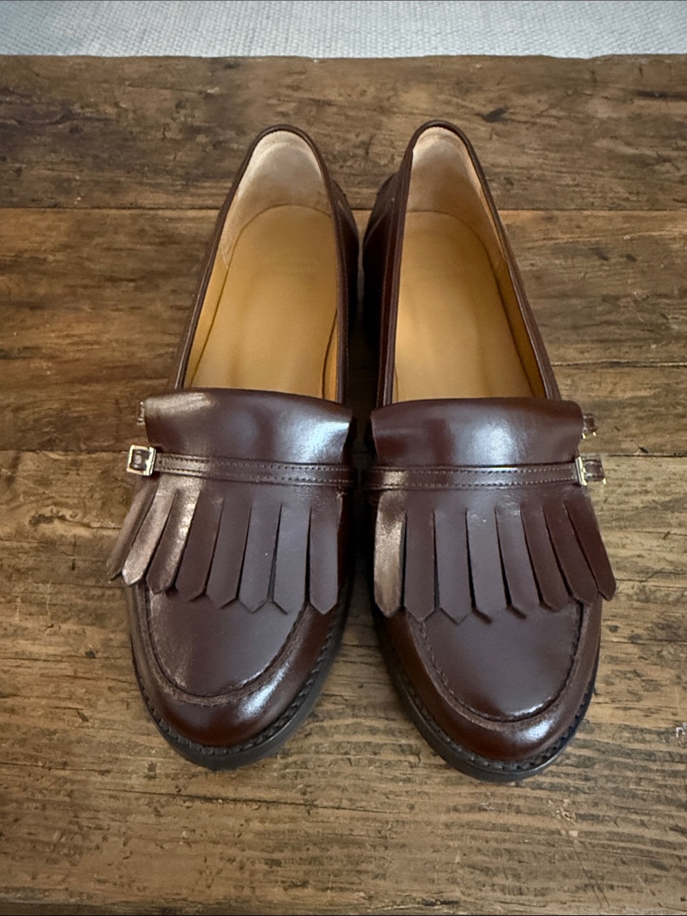 Sezane Glossy Chocolate Brown Leather Fringe Buckle Joey Loafers Size 41